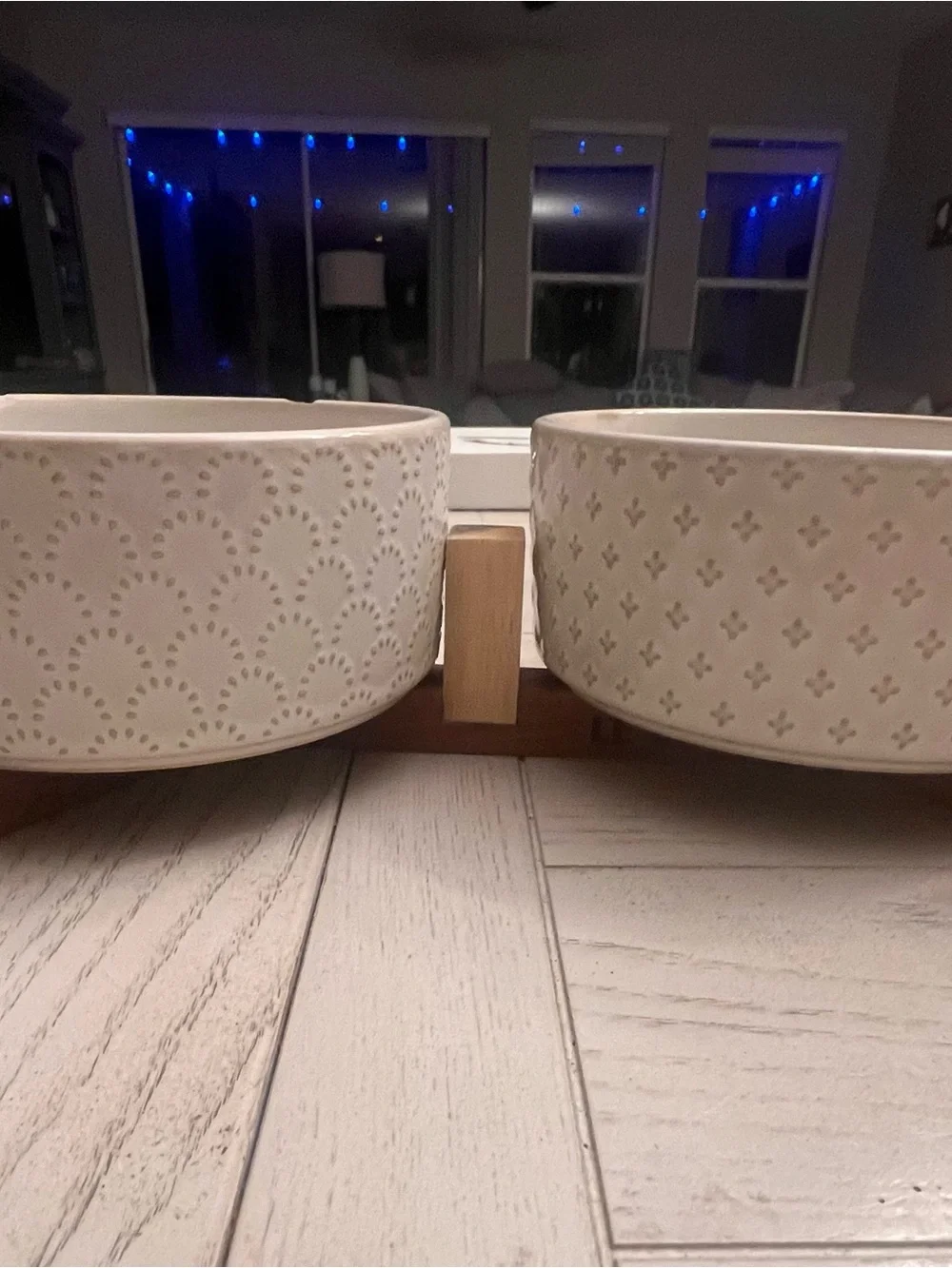 Pet Feeder Station - Set of 2 White Ceramic Bowls on Wood Stand